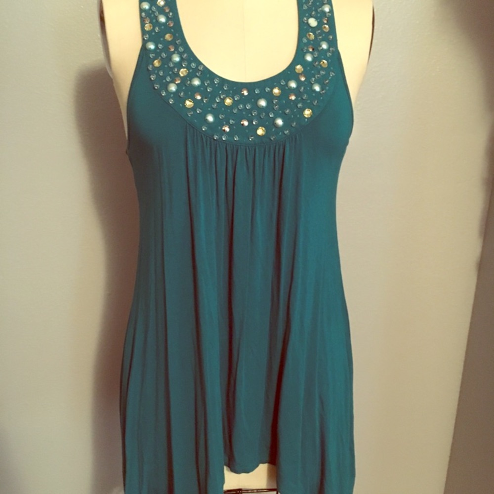 Cable & gauge teal jeweled tank top